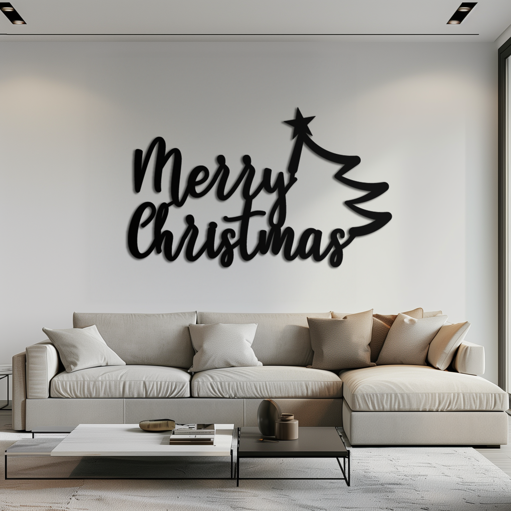Merry Christmas Tree Metal Wall Art - Holiday Season Script Steel Decor- KAF316