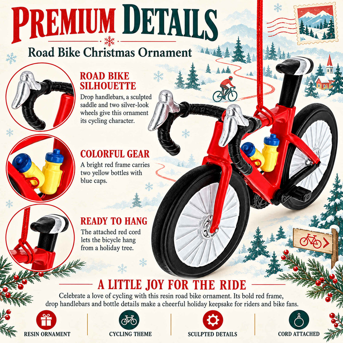 Red Racing Bicycle Endless Miles Resin Christmas Ornament