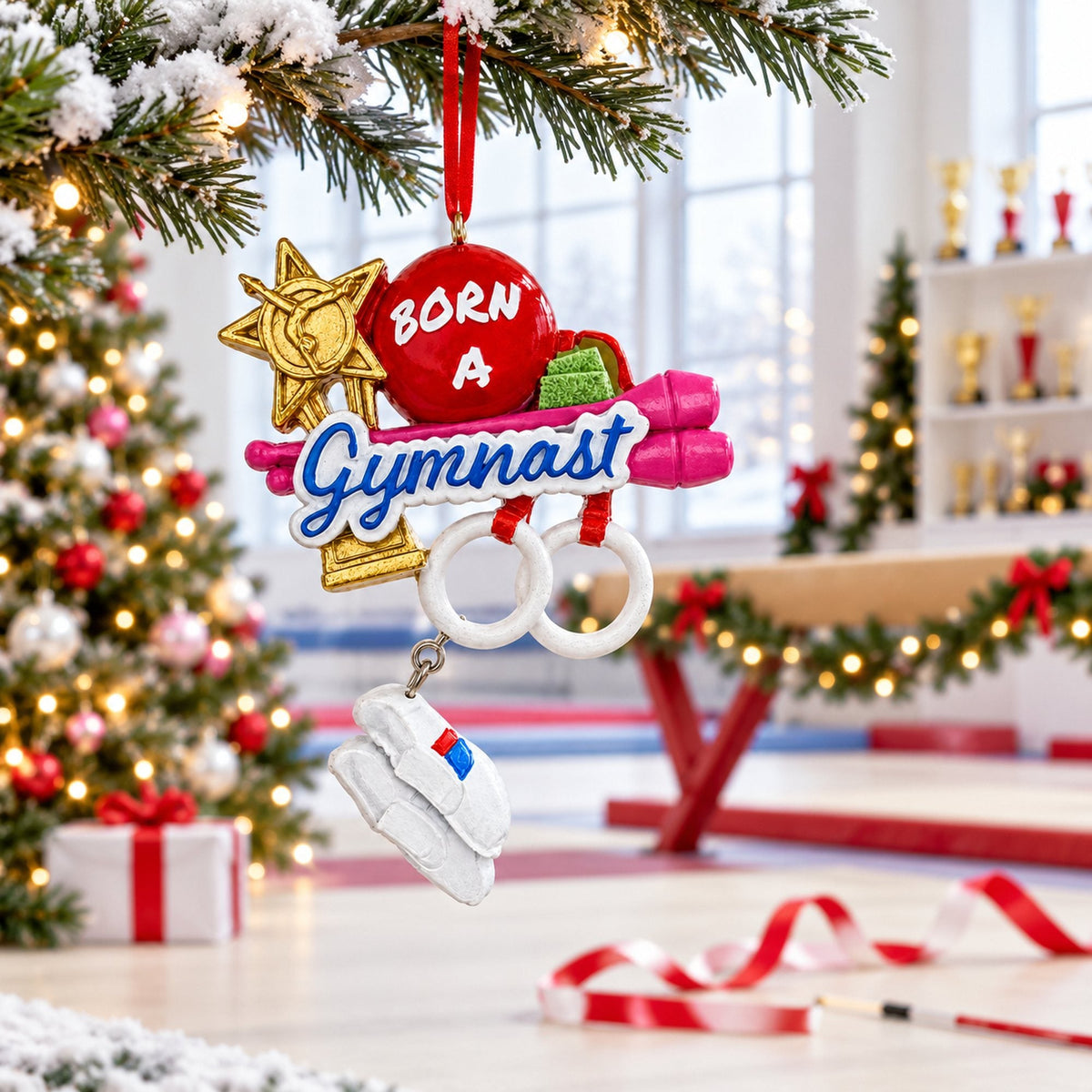 Born A Gymnast Rings And Trophy Resin Christmas Ornament