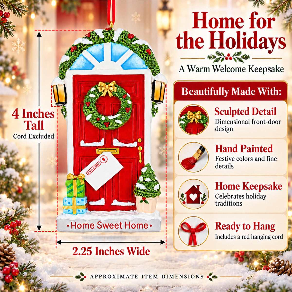 Home Sweet Home Red Door Wreath Resin Christmas Ornament