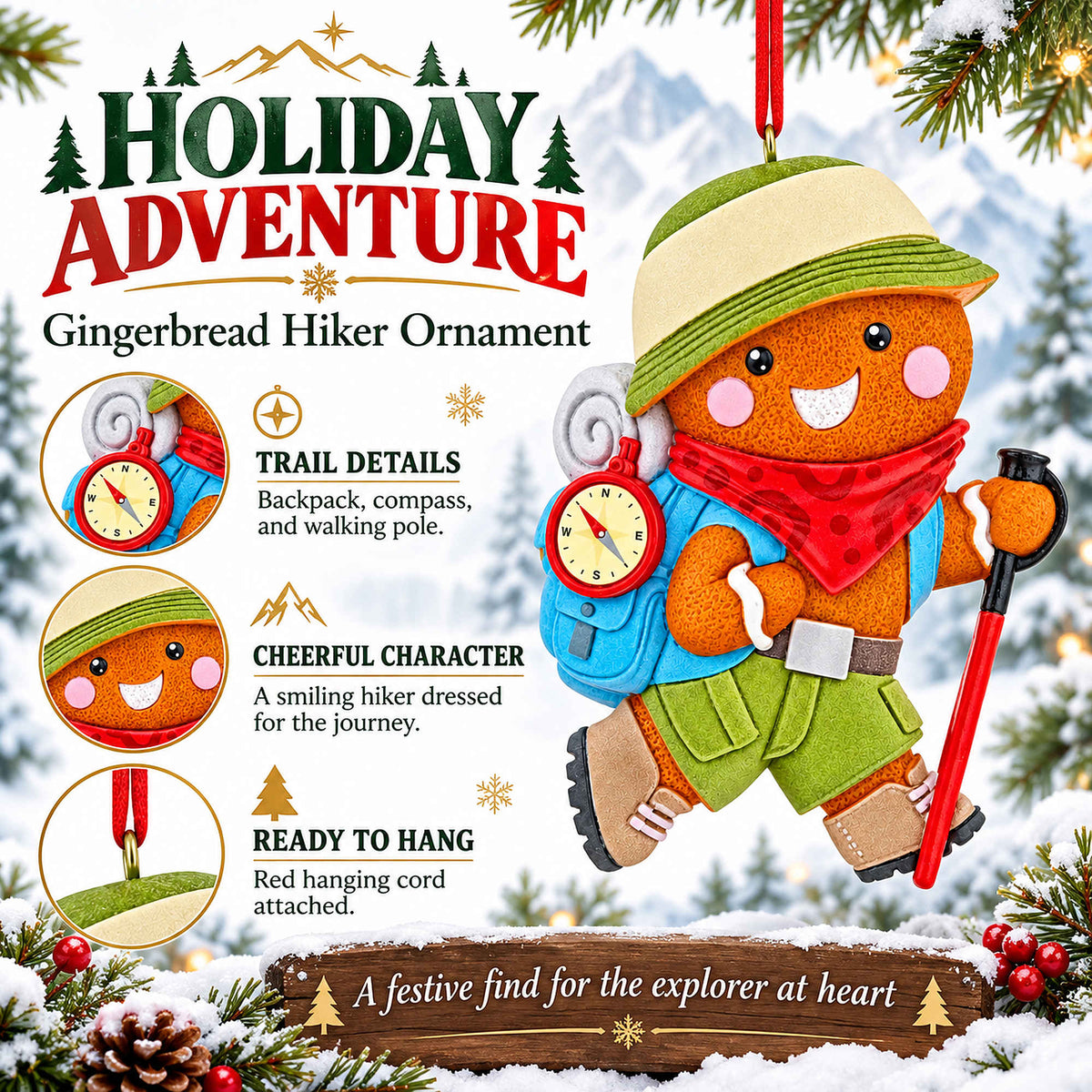 Hiking Gingerbread Man With Backpack Compass Resin Christmas Ornament