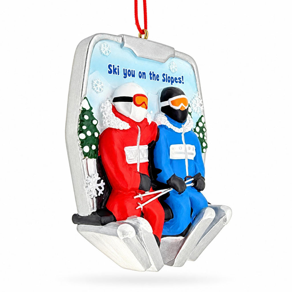Skiers Couple On Chairlift Resin Christmas Ornament