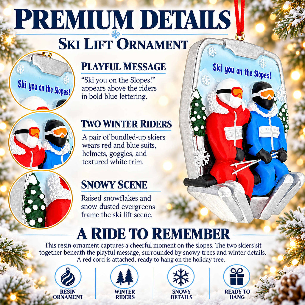 Skiers Couple On Chairlift Resin Christmas Ornament