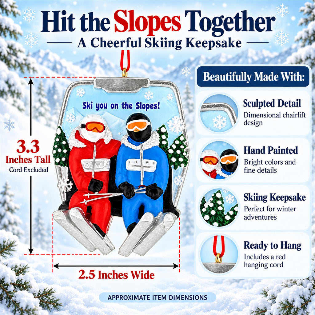 Skiers Couple On Chairlift Resin Christmas Ornament