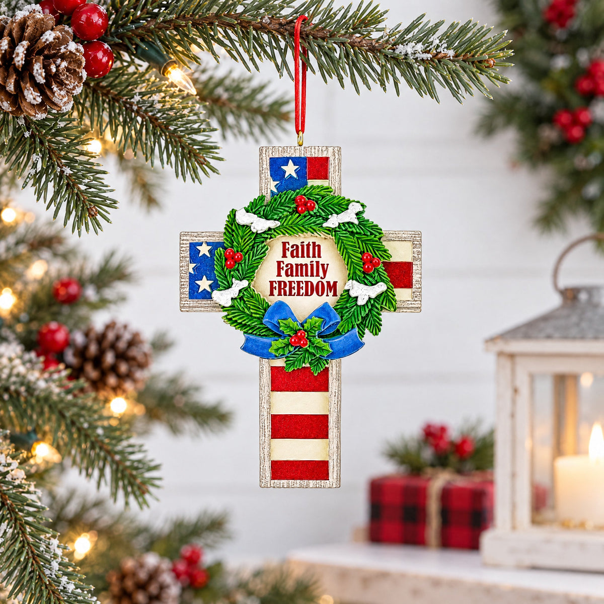 American Flag Patriotic Cross Faith Family Freedom Resin Christmas Ornament