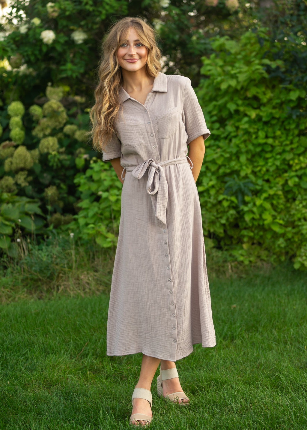 Essential Taupe Short Sleeve Gauze Shirt Dress