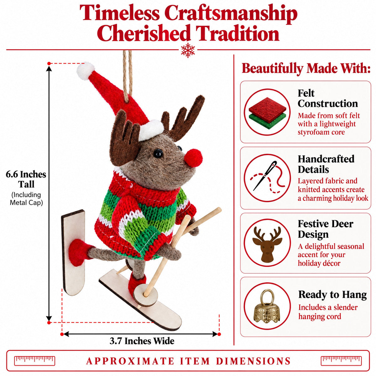 Skiing Reindeer Red Santa Hat Felt Fabric Christmas Ornament
