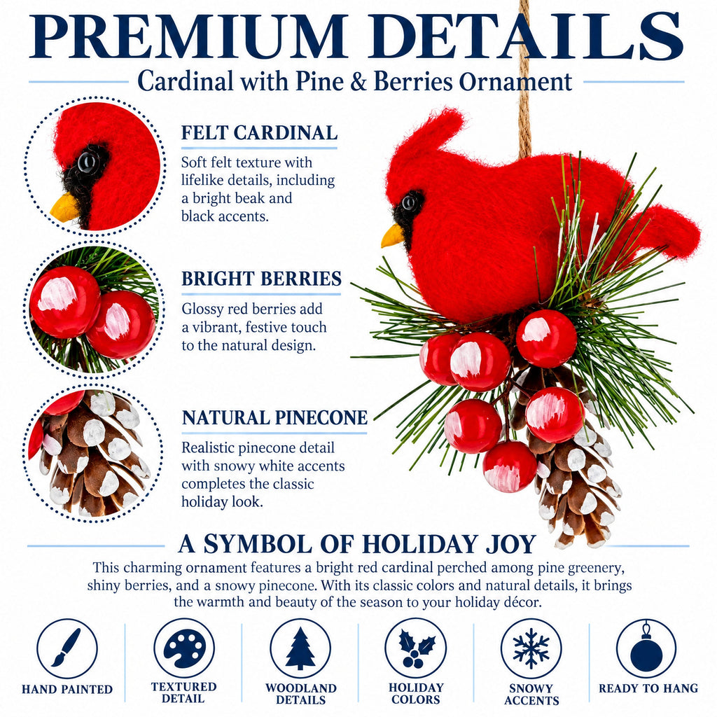 Red Cardinal On Snowy Pinecone Felt Fabric Christmas Ornament