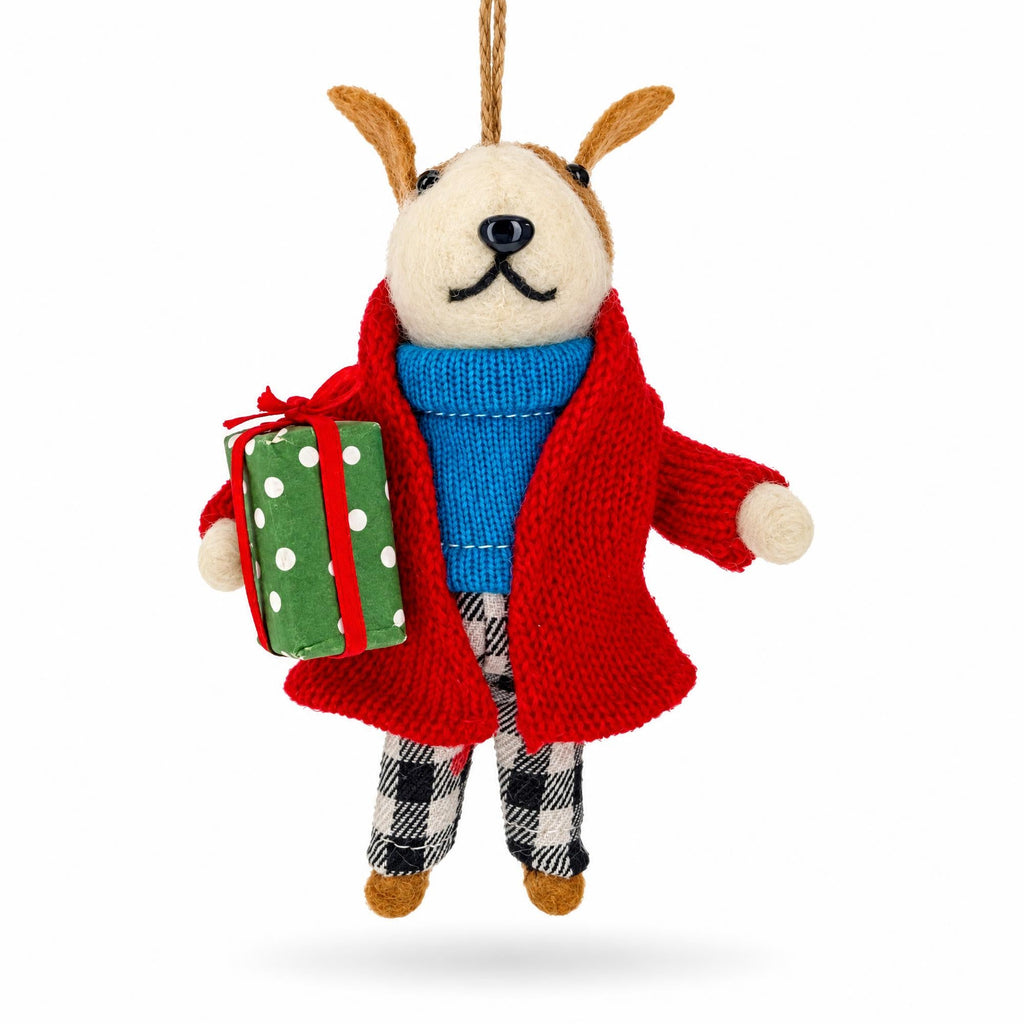 Dog In Plaid Pants With Present Felt Fabric Christmas Ornament