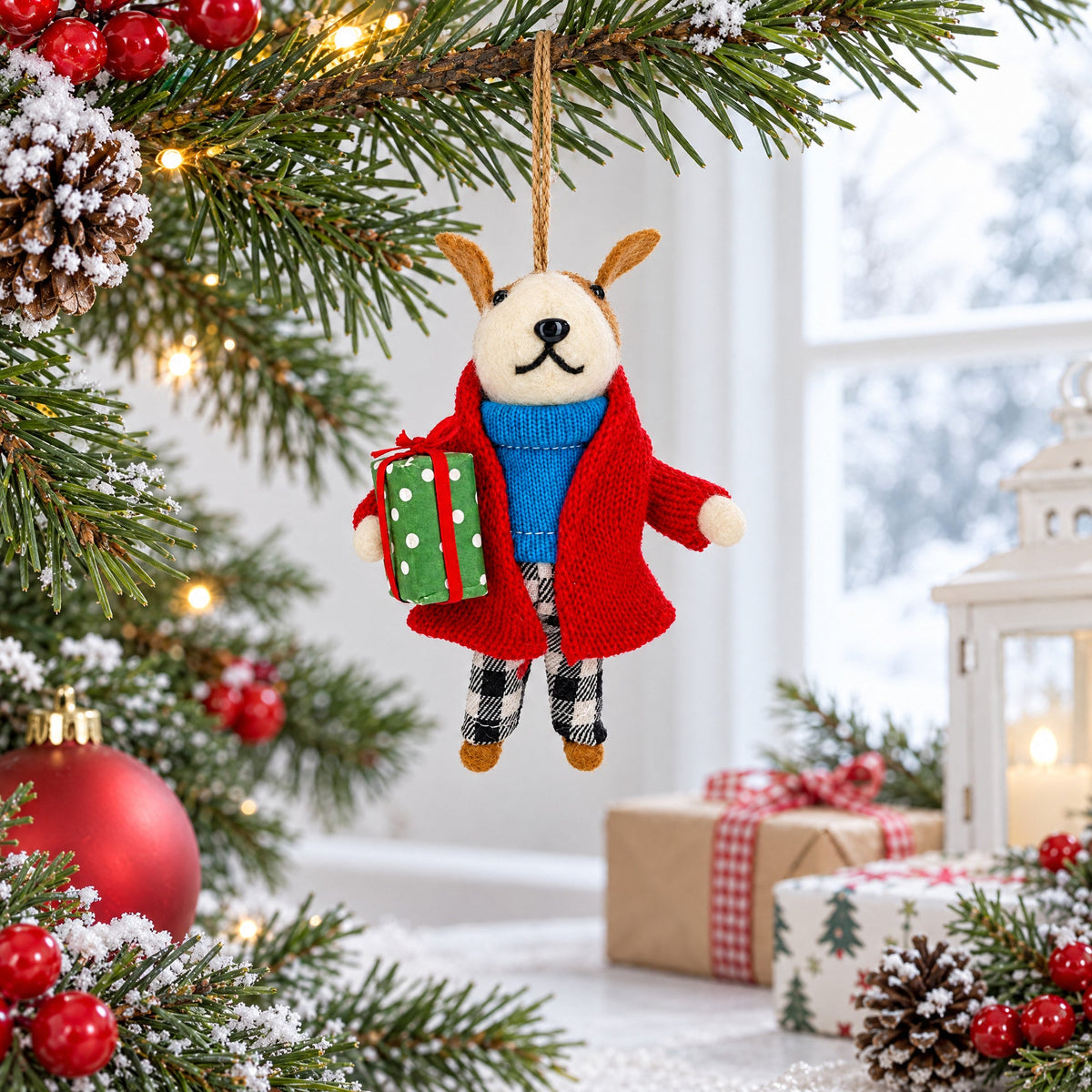 Dog In Plaid Pants With Present Felt Fabric Christmas Ornament
