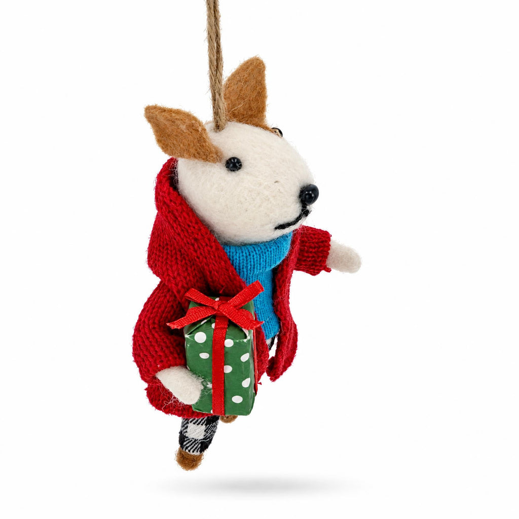 Dog In Plaid Pants With Present Felt Fabric Christmas Ornament