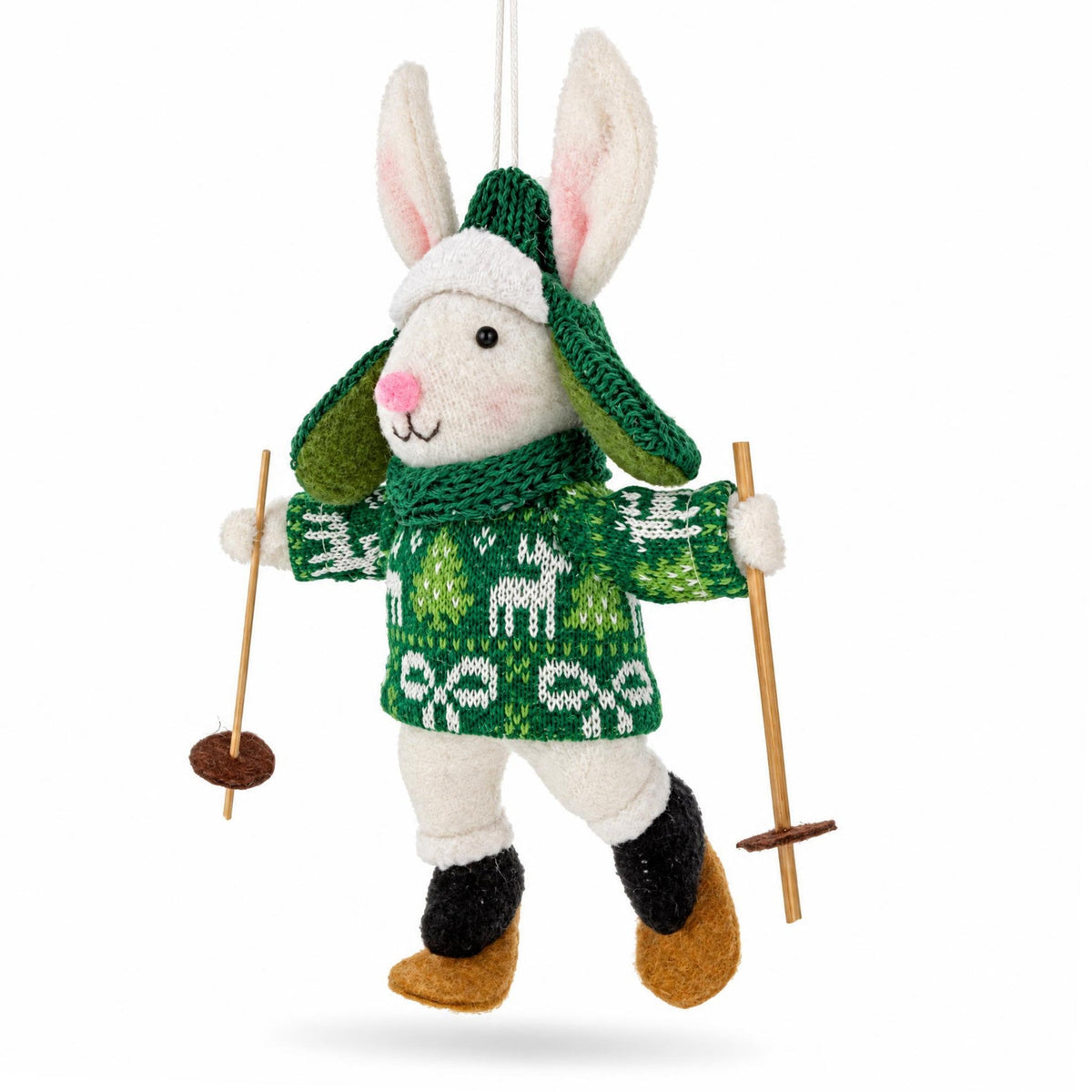 Skiing White Bunny Felt Fabric Christmas Ornament