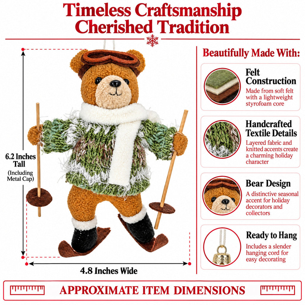 Skiing Brown Bear Felt Fabric Christmas Ornament